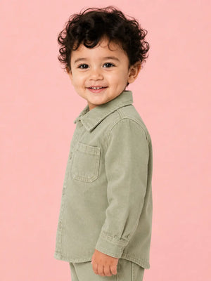 BloomUp Olive Green Utility Shirt & Pant Set for Kids – Soft Cotton Casual Wear Co-ord Outfit
