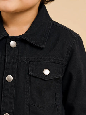 BloomUp Black Classic Denim Jacket for Kids – Premium Cotton Winter Wear Full Sleeve Button-Up Jacket