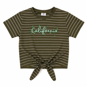 Olive Striped California Tie-Up Top for Girls – Soft Cotton Summer Wear Kids T-Shirt BloomUp