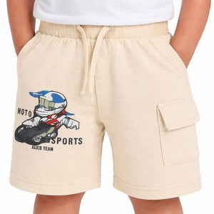 Kids Beige Moto Print Cargo Shorts with Drawstring Waist BloomUp