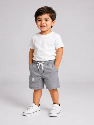 BloomUp Light Grey Utility Pocket Shorts for Boys – Soft Cotton Casual Summer Wear