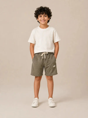 BloomUp Olive Green Textured Drawstring Shorts for Boys – Soft Cotton Waffle Knit Summer Shorts