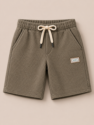 Olive Green Textured Drawstring Shorts for Boys – Soft Cotton Waffle Knit Summer Shorts BloomUp