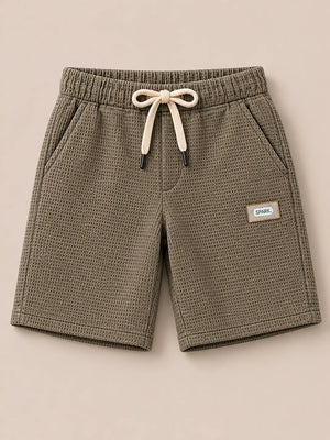 BloomUp Olive Green Textured Drawstring Shorts for Boys – Soft Cotton Waffle Knit Summer Shorts