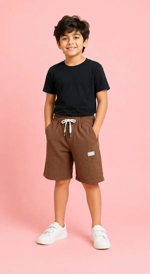 BloomUp Brown Textured Drawstring Shorts for Boys – Soft Cotton Casual Summer Shorts