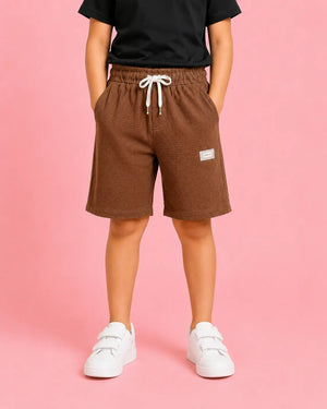 BloomUp Brown Textured Drawstring Shorts for Boys – Soft Cotton Casual Summer Shorts