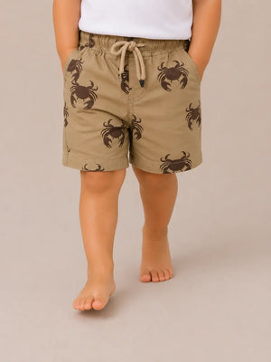BloomUp Khaki Crab Print Shorts for Boys – Beach-Inspired Casual Summer Wear