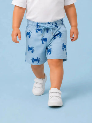 BloomUp Sky Blue Crab Print Shorts for Boys – Beach-Inspired Summer Casual Wear