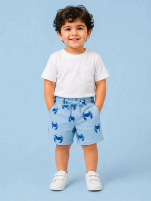 BloomUp Sky Blue Crab Print Shorts for Boys – Beach-Inspired Summer Casual Wear