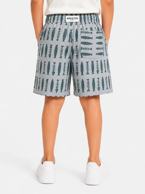 BloomUp Grey Fish Print Cotton Shorts for Boys – Soft Summer Wear