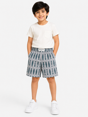 Boys Grey Geometric Printed Shorts Soft Cotton Bottom Wear BloomUp