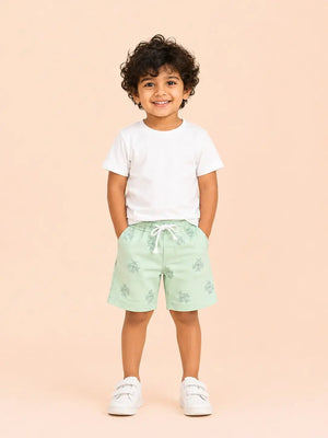 BloomUp Mint Green Printed Knitted Shorts for Boys – Soft Cotton Summer Wear