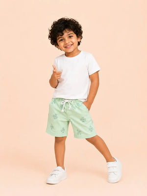 BloomUp Mint Green Printed Knitted Shorts for Boys – Soft Cotton Summer Wear