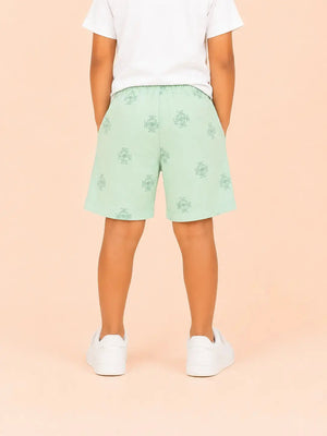 BloomUp Mint Green Printed Knitted Shorts for Boys – Soft Cotton Summer Wear