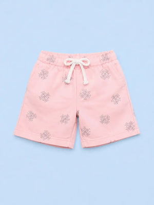 BloomUp Peach Printed Knitted Shorts for Boys – Soft Cotton Summer Wear