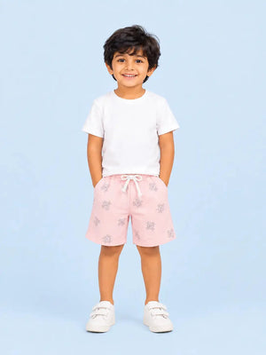 BloomUp Peach Printed Knitted Shorts for Boys – Soft Cotton Summer Wear