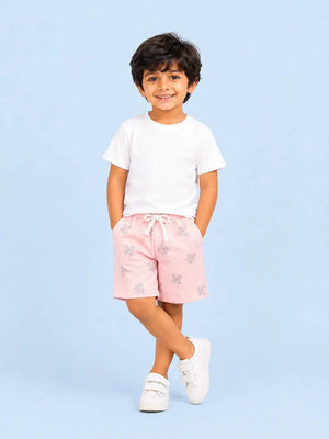 BloomUp Peach Printed Knitted Shorts for Boys – Soft Cotton Summer Wear