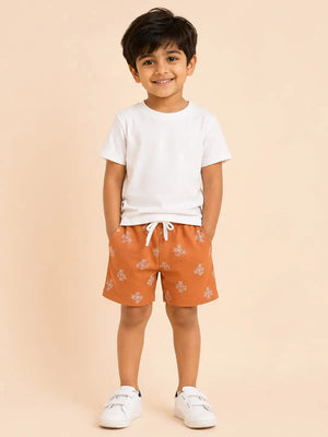 BloomUp Rust Printed Knitted Shorts for Boys – Soft Cotton Summer Wear