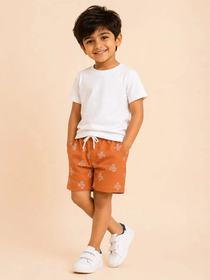 BloomUp Rust Printed Knitted Shorts for Boys – Soft Cotton Summer Wear