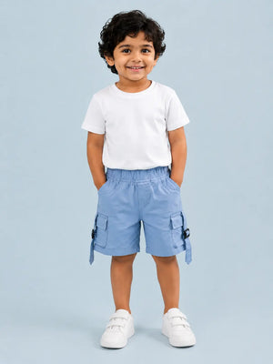 BloomUp Sky Blue Cargo Shorts for Boys – Multi-Pocket Cotton Casual Summer Shorts