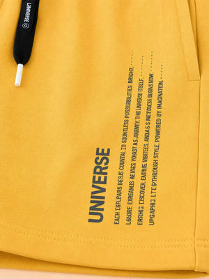 BloomUp Mustard Universe Graphic Knitted Shorts for Boys – Soft Cotton Summer Wear