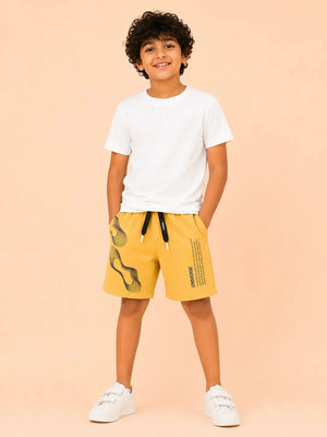 BloomUp Mustard Universe Graphic Knitted Shorts for Boys – Soft Cotton Summer Wear