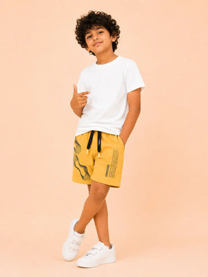 BloomUp Mustard Universe Graphic Knitted Shorts for Boys – Soft Cotton Summer Wear