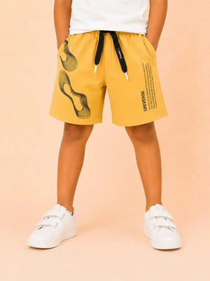 BloomUp Mustard Universe Graphic Knitted Shorts for Boys – Soft Cotton Summer Wear