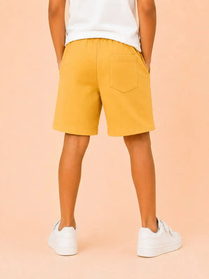 BloomUp Mustard Universe Graphic Knitted Shorts for Boys – Soft Cotton Summer Wear