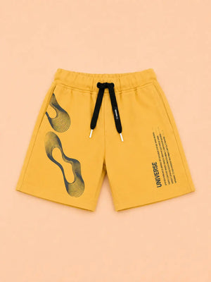 BloomUp Mustard Universe Graphic Knitted Shorts for Boys – Soft Cotton Summer Wear