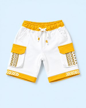 White & Mustard Yellow Cargo Shorts for Boys – Printed Multi-Pocket Summer Shorts BloomUp
