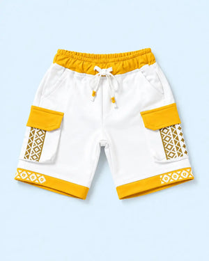 BloomUp White & Mustard Yellow Cargo Shorts for Boys – Printed Multi-Pocket Summer Shorts