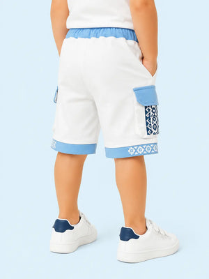 BloomUp White & Sky Blue Cargo Shorts for Boys – Printed Multi-Pocket Summer Shorts