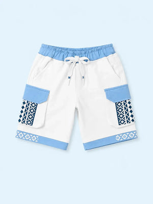 BloomUp White & Sky Blue Cargo Shorts for Boys – Printed Multi-Pocket Summer Shorts
