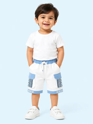 BloomUp White & Sky Blue Cargo Shorts for Boys – Printed Multi-Pocket Summer Shorts