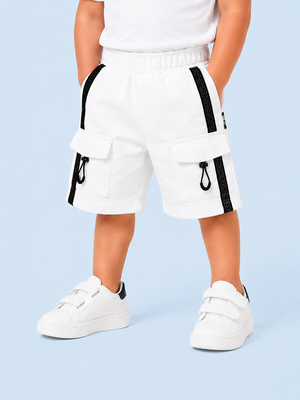 White Utility Cargo Shorts for Boys – Multi-Pocket Cotton Blend Summer Shorts BloomUp