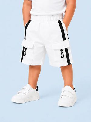BloomUp White Utility Cargo Shorts for Boys – Multi-Pocket Cotton Blend Summer Shorts