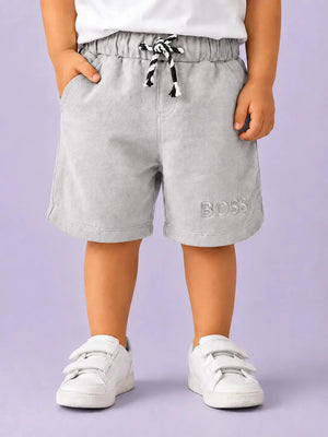 BloomUp Light Grey BOSS Embroidered Shorts for Boys – Soft Cotton Casual Summer Wear