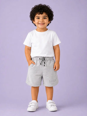 BloomUp Light Grey BOSS Embroidered Shorts for Boys – Soft Cotton Casual Summer Wear