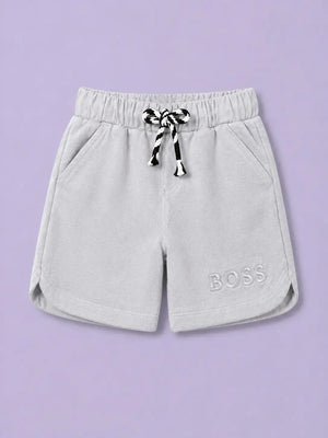 BloomUp Light Grey BOSS Embroidered Shorts for Boys – Soft Cotton Casual Summer Wear