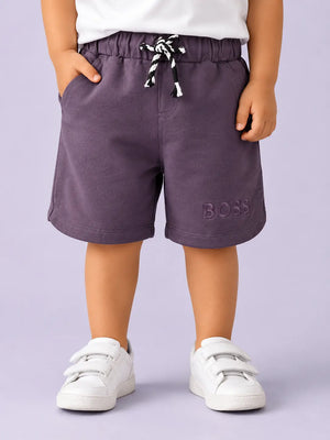 BloomUp Purple BOSS Embroidered Shorts for Boys – Soft Cotton Casual Summer Wear