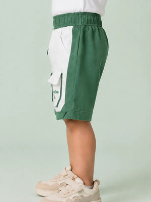 BloomUp White & Green Cargo Shorts for Boys – Multi-Pocket Printed Summer Shorts