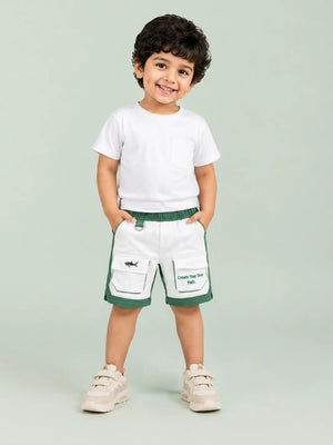 BloomUp White & Green Cargo Shorts for Boys – Multi-Pocket Printed Summer Shorts
