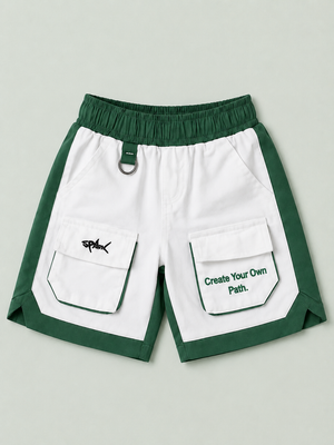 White & Green Cargo Shorts for Boys – Multi-Pocket Printed Summer Shorts BloomUp