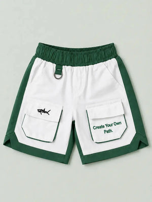 BloomUp White & Green Cargo Shorts for Boys – Multi-Pocket Printed Summer Shorts