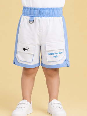White & Sky Blue Cargo Shorts for Boys – Multi-Pocket Printed Summer Shorts BloomUp