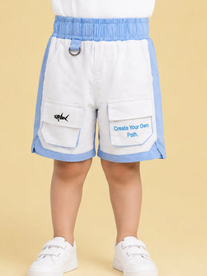 BloomUp White & Sky Blue Cargo Shorts for Boys – Multi-Pocket Printed Summer Shorts