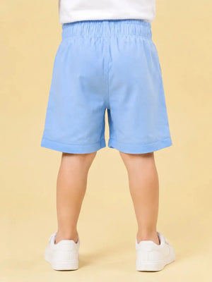 BloomUp White & Sky Blue Cargo Shorts for Boys – Multi-Pocket Printed Summer Shorts