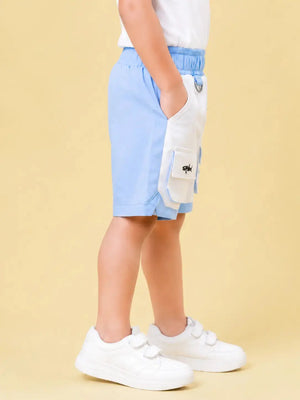 BloomUp White & Sky Blue Cargo Shorts for Boys – Multi-Pocket Printed Summer Shorts