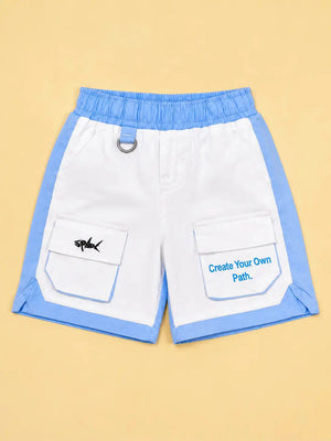 BloomUp White & Sky Blue Cargo Shorts for Boys – Multi-Pocket Printed Summer Shorts